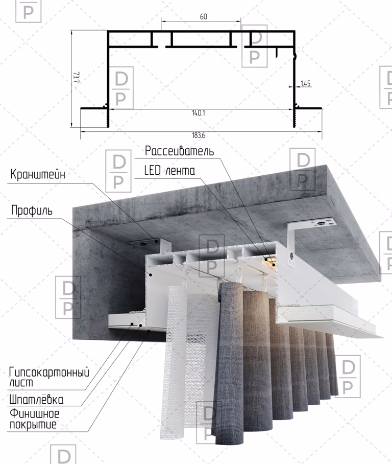 Карниз КС 180 AP1021 скрытый монтаж - Декоративные панели из гипса и полиуретана